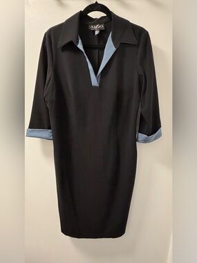 Algo Black Shift Dress Blue Trim Side Zip Size 16 Made in Canada